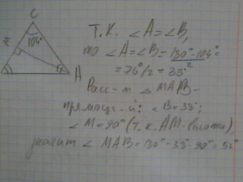 Вравнобедренном треугольнике abc угол c = 104 am-высота треугольника . найдите угол mab