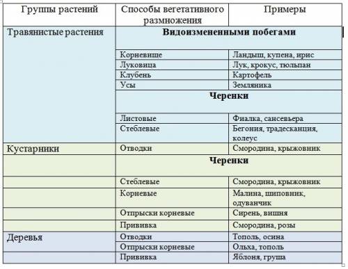 Заполните таблицу. два-три примера для каждой группы растений: группы растений вегетативного размнож