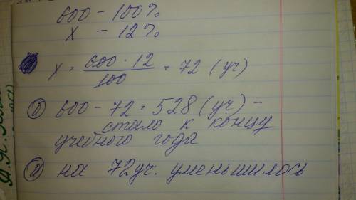 Вначале учебного годов школе учились 600 учащихся. за год число учащихся школы уменьшилось на 12%опр