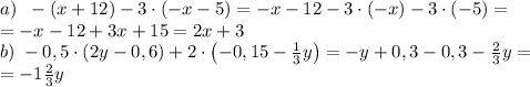 a)\;\;-(x+12)-3\cdot(-x-5)=-x-12-3\cdot(-x)-3\cdot(-5)=\\=-x-12+3x+15=2x+3\\b)\;-0,5\cdot(2y-0,6)+2\cdot\left(-0,15-\frac13y\right)=-y+0,3-0,3-\frac23y=\\=-1\frac23y