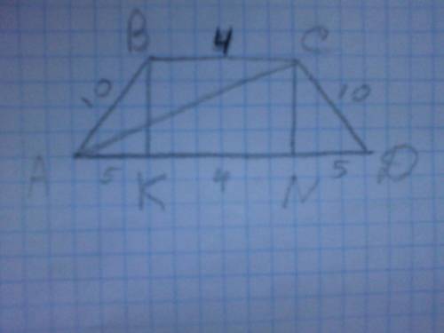 Вравнобедренной трапеции abcd угол а=60гр длинна боковой стороны ав =10см вс=4см вычислите периметор