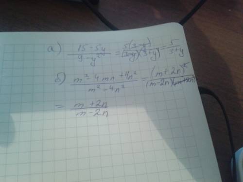 Сократите дробь: а) 15-5у 9-у^2 б) m^2 - 4mn + 4n^2 m^2 - 4n^2