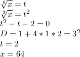 \sqrt[6]{x}=t\\&#10;\sqrt[3]{x}=t^2\\&#10;t^2-t-2=0\\&#10;D=1+4*1*2=3^2\\&#10;t=2\\&#10;x=64\\&#10;