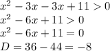 x^2-3x-3x+110 \\ x^2-6x+110 \\ x^2-6x+11=0 \\ D=36-44=-8