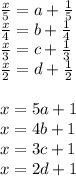 \frac{x}{5}=a+\frac{1}{5}\\&#10;\frac{x}{4}=b+\frac{1}{4}\\&#10;\frac{x}{3}=c+\frac{1}{3}\\&#10;\frac{x}{2}=d+\frac{1}{2}\\\\&#10;x=5a+1\\&#10;x=4b+1\\&#10;x=3c+1\\&#10;x=2d+1\\\\&#10;