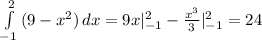 \int\limits^2_{-1} {(9-x^2)} \, dx = 9x|^2_{-1} - \frac{x^3}{3} |^2_{-1} = 24