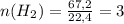 n( H_{2} )= \frac{67,2}{22,4} =3