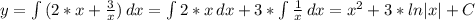 y=\int {(2*x+\frac{3}{x}) } \, dx =\int {2*x} \, dx +3*\int \frac{1}{x}\, dx =x^2+3*ln|x|+C