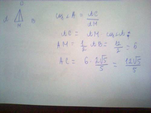 Втреугольнике авс стороны ас и вс равны, ав = 12, cos а = 2корень из 5 делённое на 5. найдите высоту