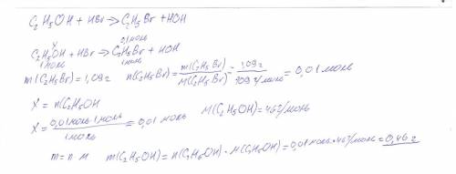 Етанол прореагував із гідроген бромідом і утворися бромоетан масою 1,09 г . яка маса етанолу що прор