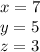 x=7\\&#10;y=5\\&#10;z=3