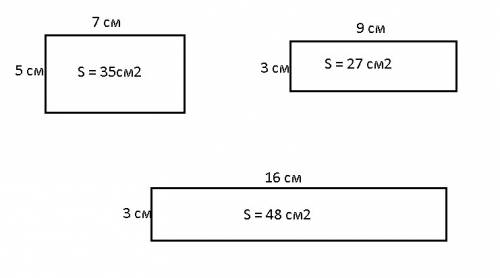 7+7+7+7+7,9+9+9,16+16+16, какиепрямоугольникиможно написать ккаждомуравенству? какова будет площадь