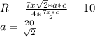 R=\frac{7x\sqrt{2}*a*c}{4*\frac{7x*c}{2}}=10\\&#10;a=\frac{20}{\sqrt{2}}