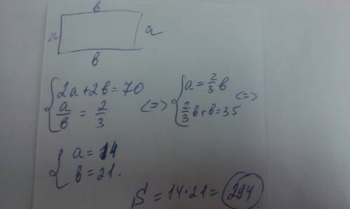 Р(периметр) прямоугольника 70 см . найдите s (площадь),если длины его сторон относятся как 2: 3