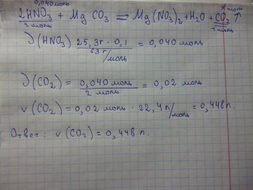 Раствор азотной кислоты массой 25, 3 г и w= 10% прилили к избытку карбоната магния. вычислите объем
