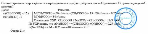 Сколько граммов гидрокарбоната натрия (питьевая сода) потребуется для нейтрализации 15 граммов уксус