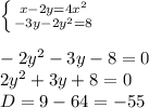 \left \{ {{x-2y=4x^2} \atop {-3y-2y^2=8}} \right. \\ \\ -2y^2-3y-8=0 \\ 2y^2+3y+8=0 \\ D=9-64=-55