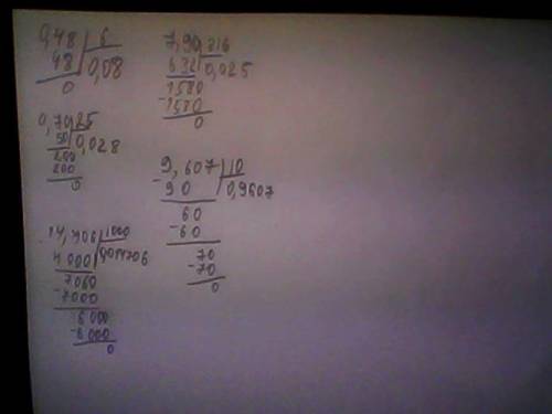 Решить примеры в столбик: 0,48: 6= 0,7: 25= 7,9: 316= 9,607: 10= 14,706: 1000=