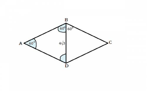 Меньшая диогональ ромба равна 4корня из 3 , один из углов равен 60° найдите площадь ромба?