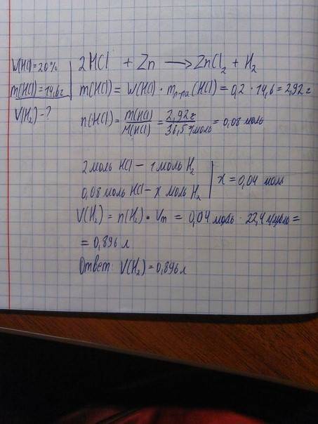 Рассчитайте объём газа (н. выделяющегося при взаимодействии 20%-ного раствора соляной кислоты массой