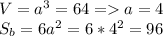 V=a^3=64=a=4 \\ S_b=6a^2=6*4^2=96