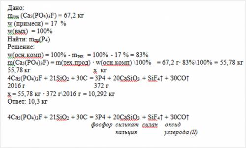 Фторопатит ca5(po4)3f массой 67,2 кг, содержащий 17 % примесей, сплавили с оксидом кремни и углем. к