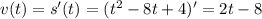 v(t)=s'(t)=(t^2-8t+4)'=2t-8