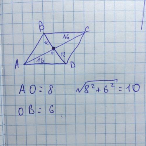 Диагонали ромба авсд пересекаются в точке о и равны 12 и 16. найдите длину вектора ао+во