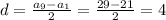 d=\frac{a_9-a_1}{2}=\frac{29-21}{2}=4