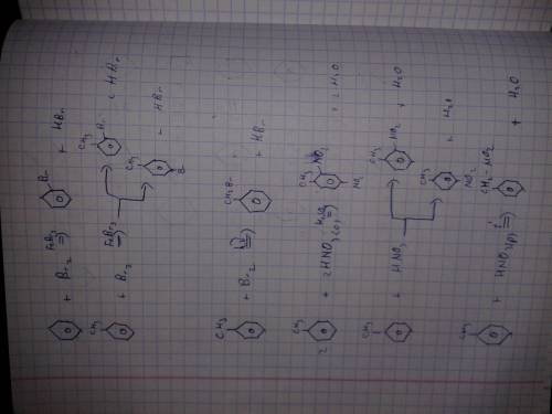 Получите бензол и толуол (по два и напишите для них реакции с br2/ fe,* t° и br2*/hv; конц.hno3/ кон