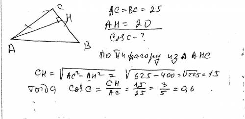 Втупоугольном треугольнике авс ас=вс=25, высота ан = 20. найти cos acb