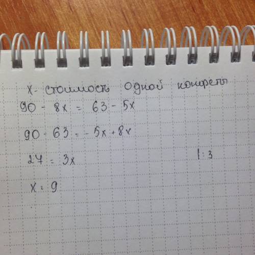 Решить ,! решите ,составив уравнение.у димы 90 рублей,а у кати 63 рубля.после того как дима купил 8