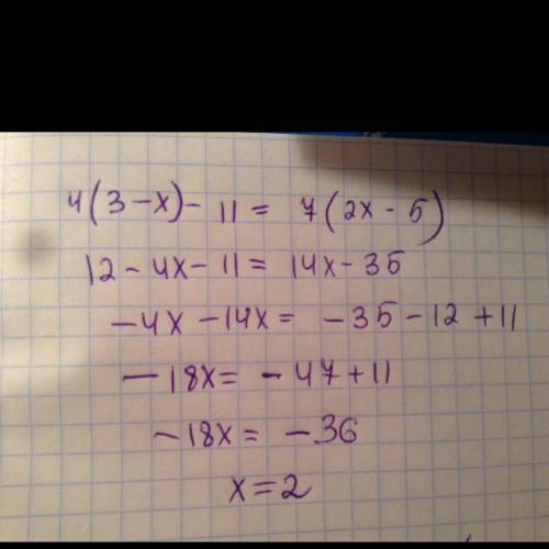 Решить уровнение 4(3 - х) - 11 = 7( 2х - 5 ) и 0,9 ( 4 у - 2) = о,5 (3у - 4) + 4,4