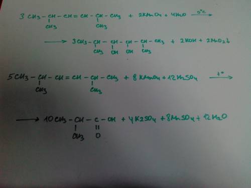 Для 2,5-диметил-3-гексена напишите уравнения реакций окисления в мягких( до образования гликолей) и