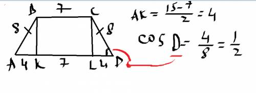 Основания равнобедренной трапеции равны 7 и 15 боковые стороны трапеции равны 8. найдите косинус ост