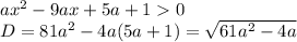 ax^2-9ax+5a+10\\&#10; D=81a^2-4a(5a+1)=\sqrt{61a^2-4a}&#10;&#10;