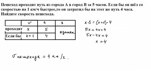 Реши пешеход проходит путь из города а в город в за 5 часов. если бы он шёл со скоростью на 1 км/ч б