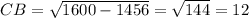 CB= \sqrt{1600-1456} = \sqrt{144} =12