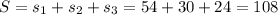 S=s_1+s_2+s_3=54+30+24=108