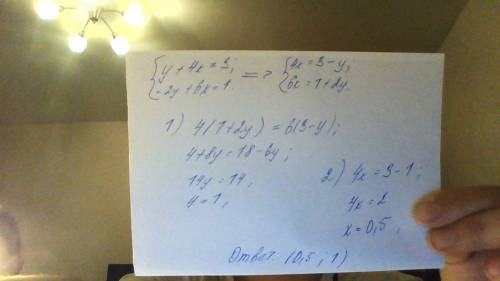 Решить систему уравнений y+4x=3 -2y+6x=1