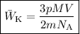 \boxed{\bar{W}_{\text{K}} = \dfrac{3pMV}{2m N_{\text{A}}}}