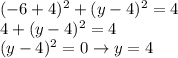 (-6+4)^2+(y-4)^2=4 \\4+(y-4)^2=4 \\ (y-4)^2=0 \to y=4