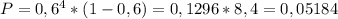 P=0,6^4*(1-0,6)=0,1296*8,4=0,05184