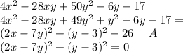 4x^2-28xy+50y^2-6y-17=\\ 4x^2-28xy+49y^2+y^2-6y-17=\\ (2x-7y)^2+(y-3)^2-26=A\\ (2x-7y)^2+(y-3)^2=0\\