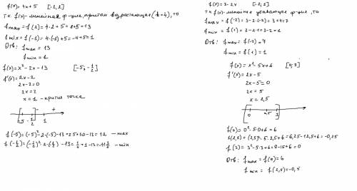 Решить 1)f(x)=4x+5 [-1; 2] 2)f(x)=3-2x [-2; 1] 3)f(x)=x^-2x-3 [-5; -1/2] 4)f(x)=x^-5x+6 [0; 3]