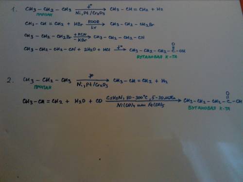 Получите из пропана с минимальным количеством промежуточных стадий следующие вещества бутановая кисл