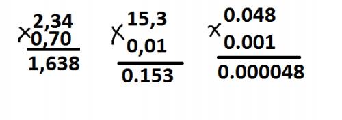 Решить примеры: 2,34*0,7; 0,01*15,3; 0,048*0,001; в столбик