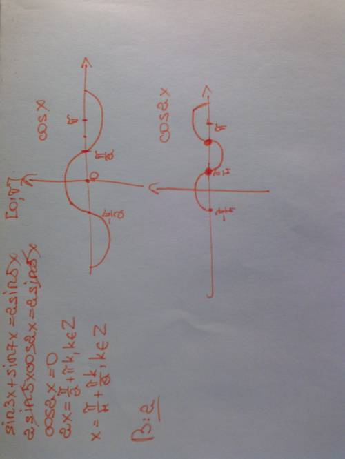 Sin3x+sin7x=2sin5x сколько корней имеет данное уравнение на промежутке [0; ] ?