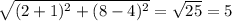 \sqrt{(2+1)^{2}+(8-4)^{2}} = \sqrt{25} =5