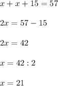 x+x+15=57 \\ \\ 2x=57-15 \\ \\ 2x=42 \\ \\ x=42:2 \\ \\ x=21